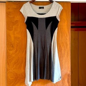 Grey and black fit and flare dress.